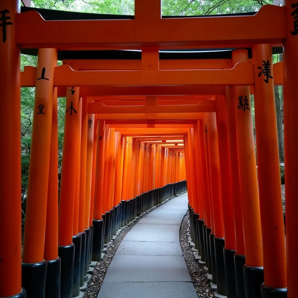 Pathways lined with red torii gates at Fushimi Inari Shrine in Kyoto