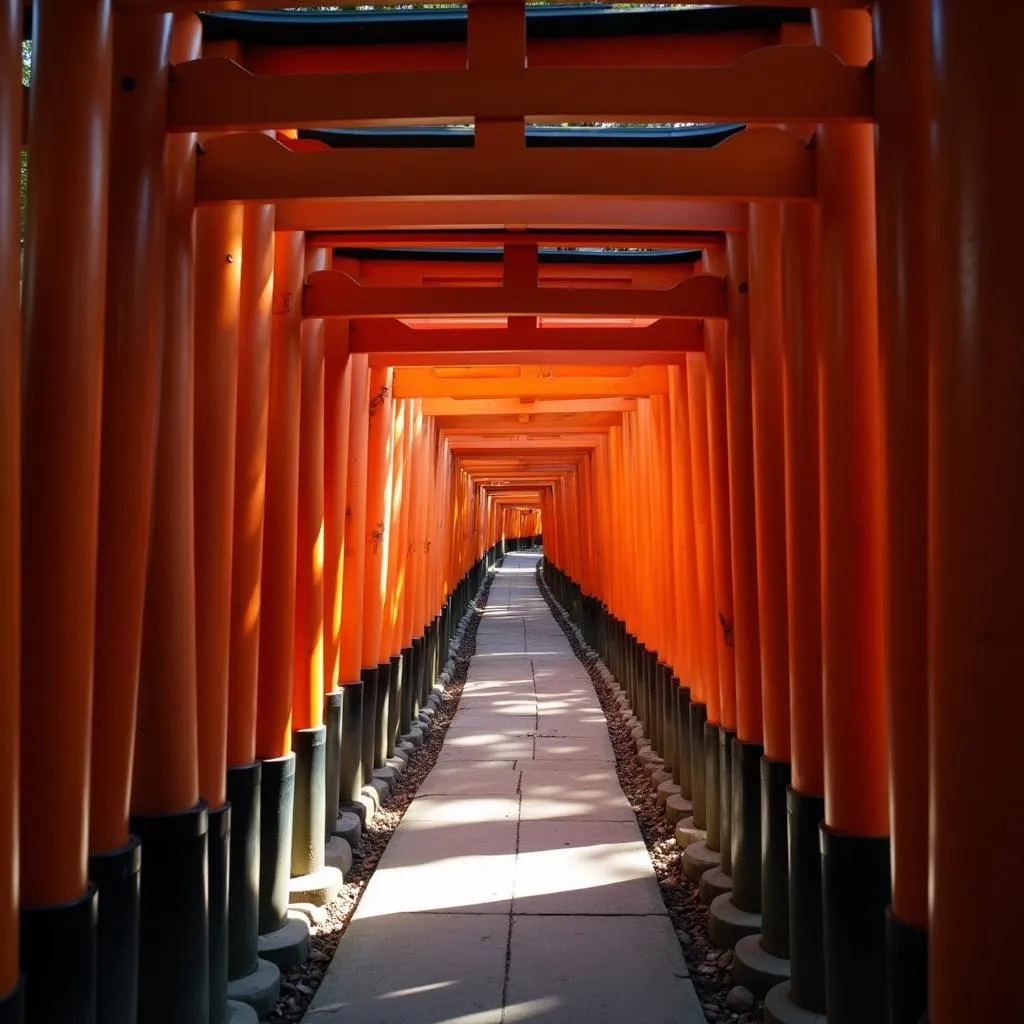 A pathway lined with red torii gates leads up a hillside at Fushimi Inari Shrine in Kyoto