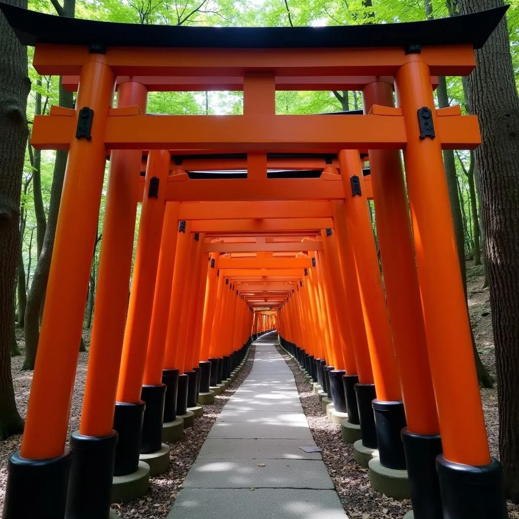 A pathway lined with hundreds of vibrant red torii gates winding through a forest at Fushimi Inari Shrine in Kyoto, Japan.