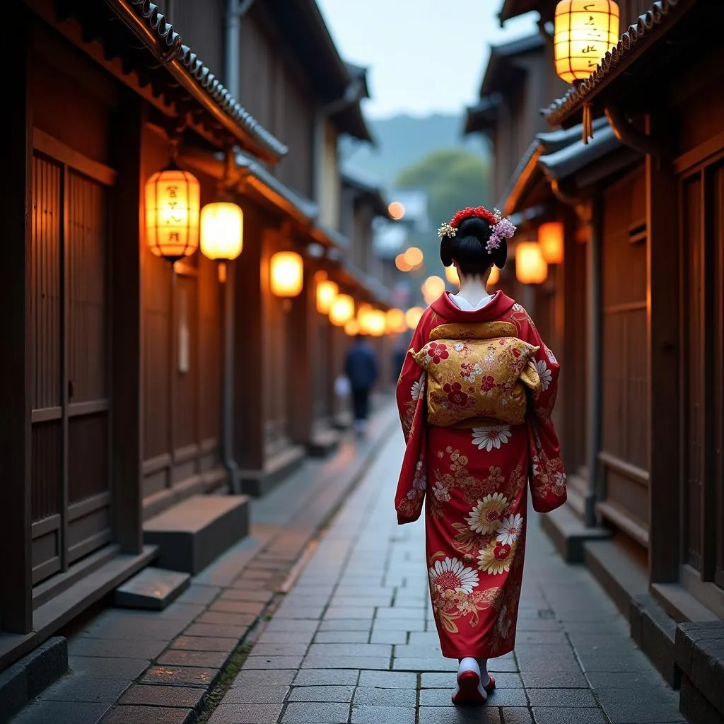 Gion District in Kyoto with Geisha Walking