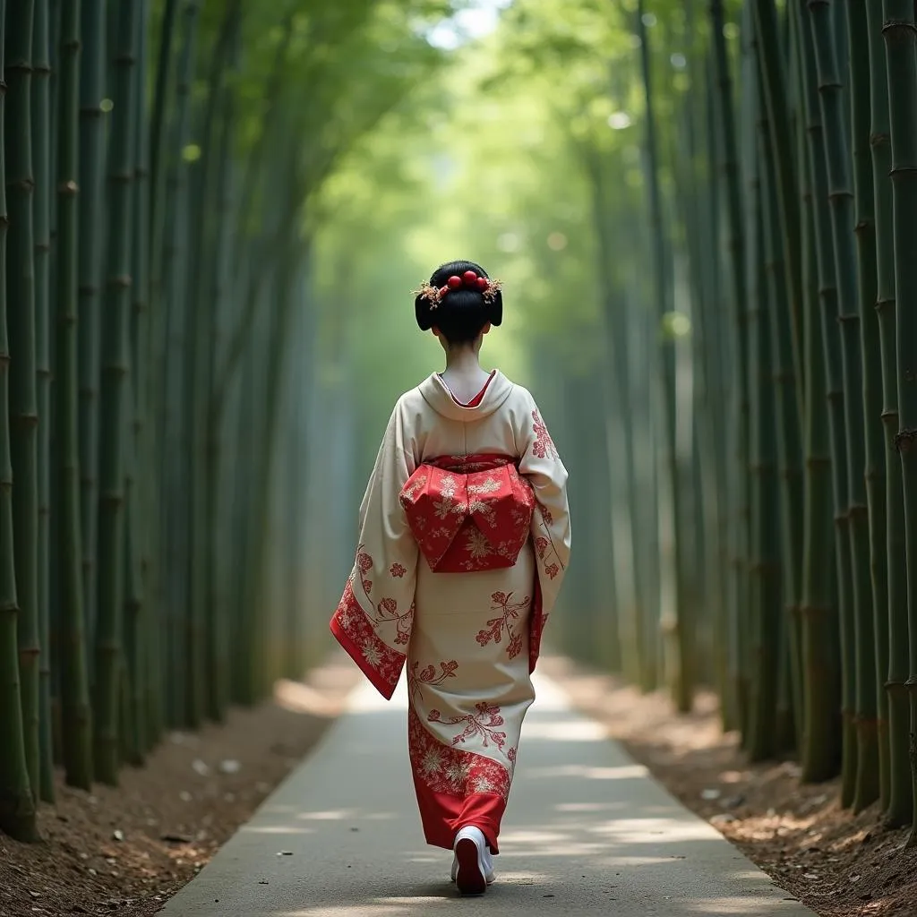 A Geisha in traditional attire walking through a bamboo forest in Kyoto