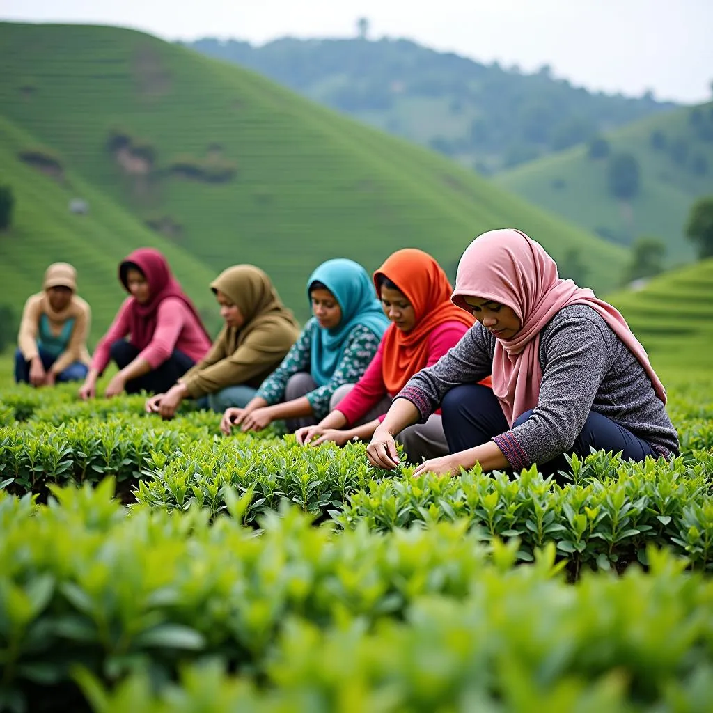 Women picking tea leaves in Darjeeling