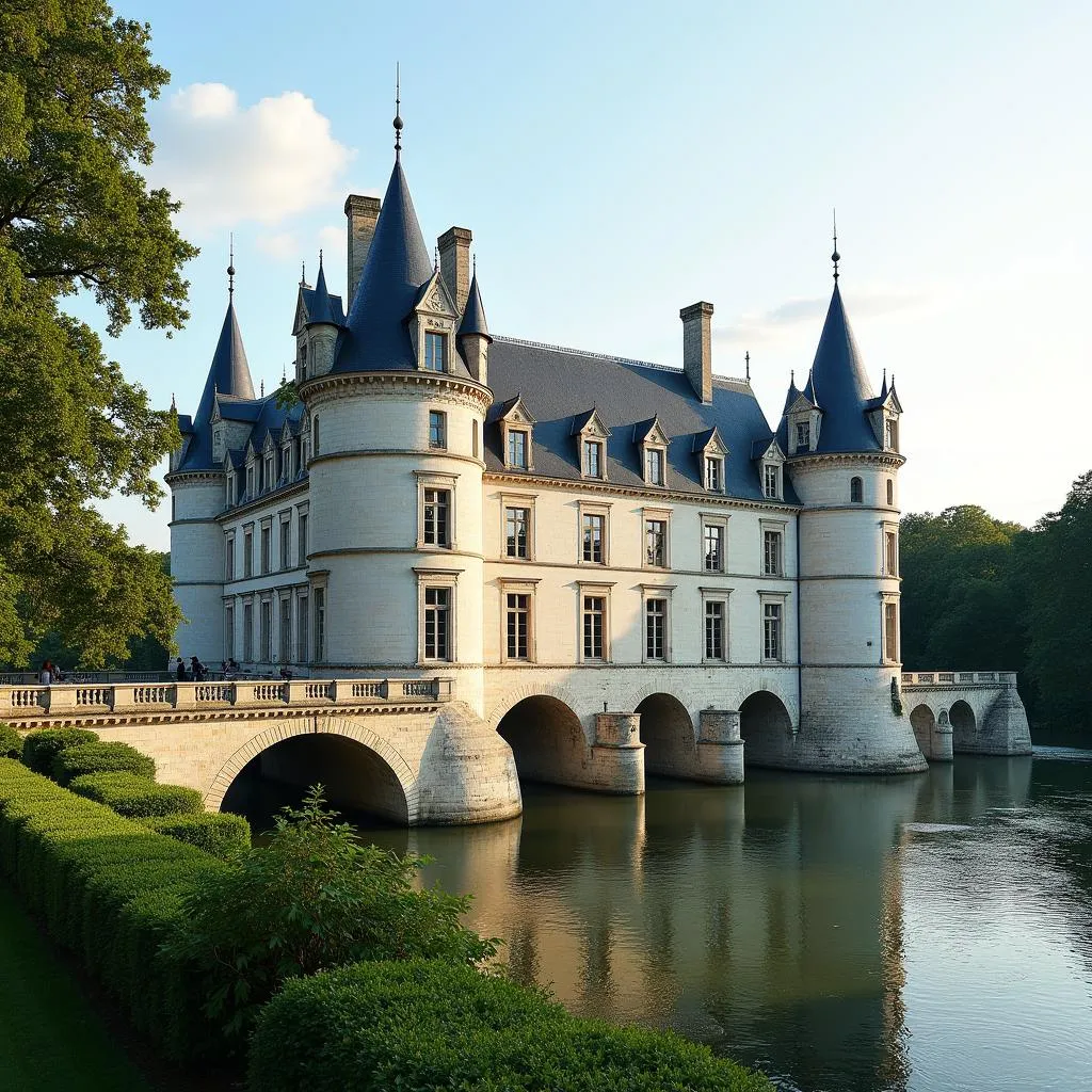 Chateau de Chenonceau spanning the Cher River, surrounded by lush gardens