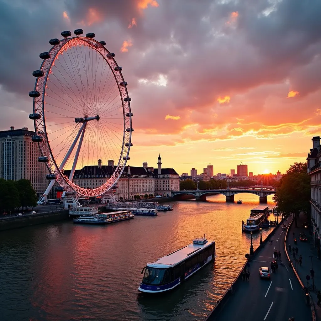 London Eye cityscape at sunset