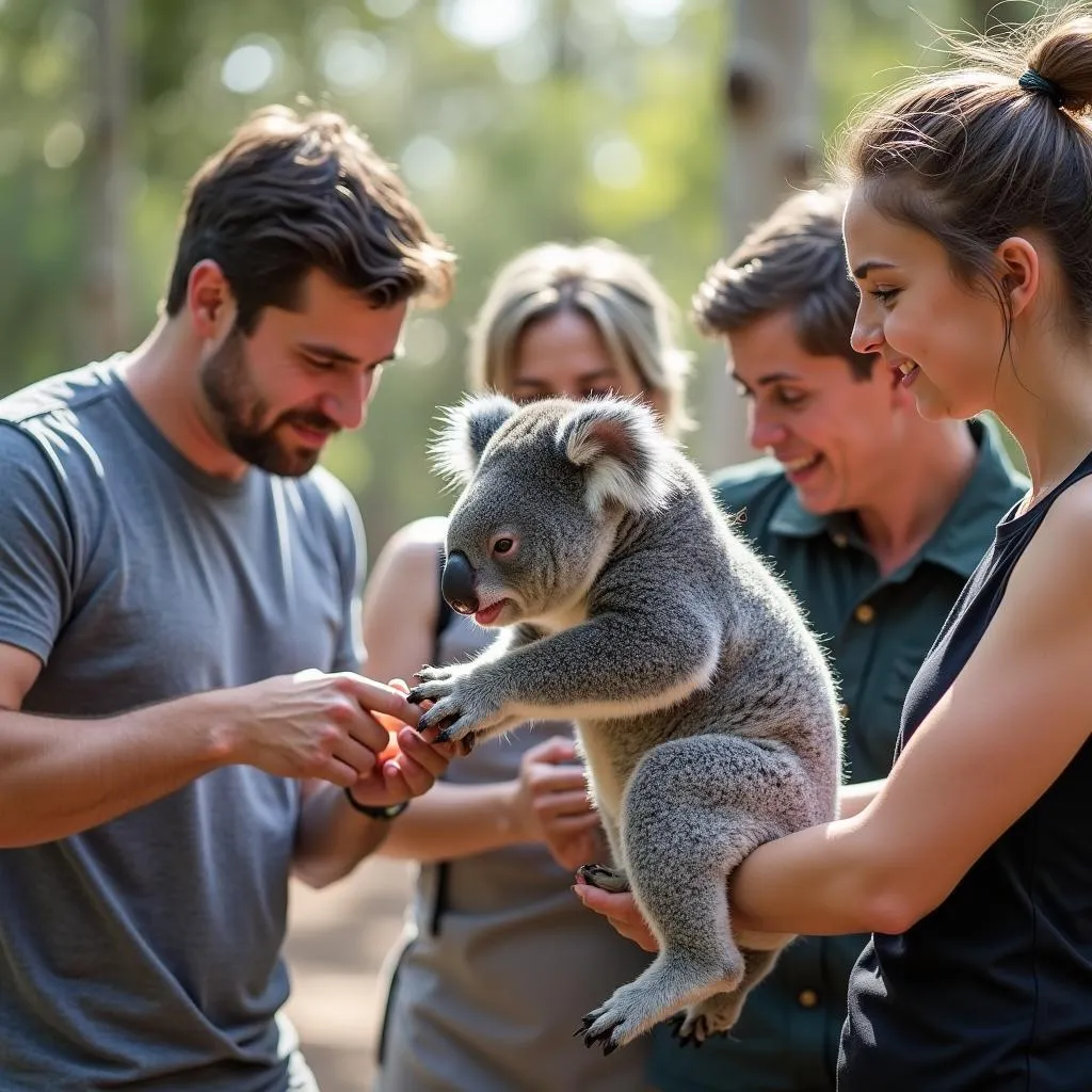 Tourists interacting with Koalas at Lone Pine Koala Sanctuary