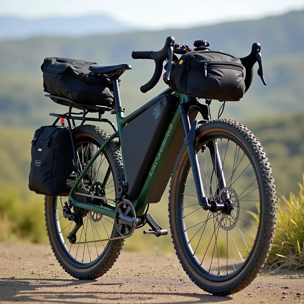 Long distance touring bike with loaded panniers, highlighting key features like a sturdy frame, wide tires, and multiple gears