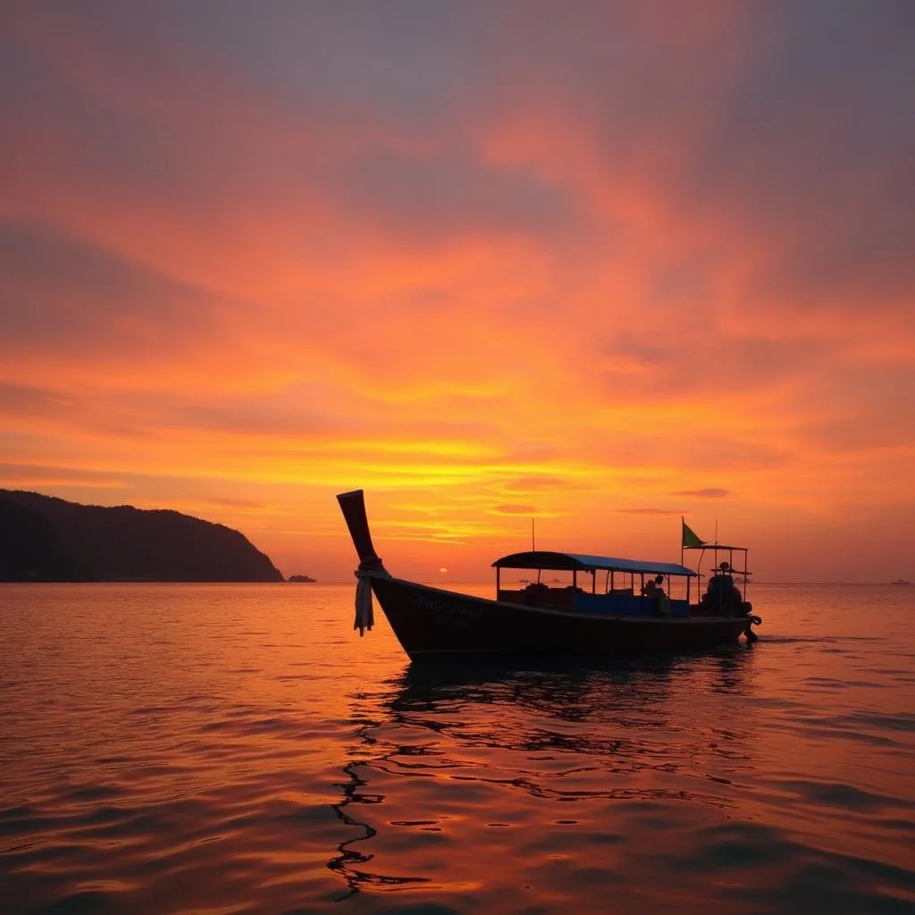 Silhouette of a long-tail boat at sunset in Krabi