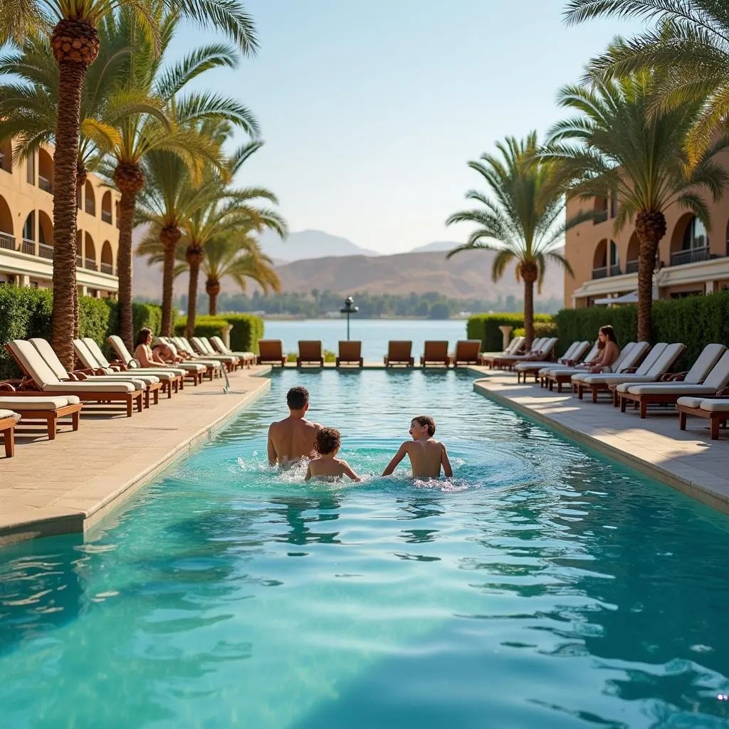 Family relaxes by the pool at a hotel in Luxor