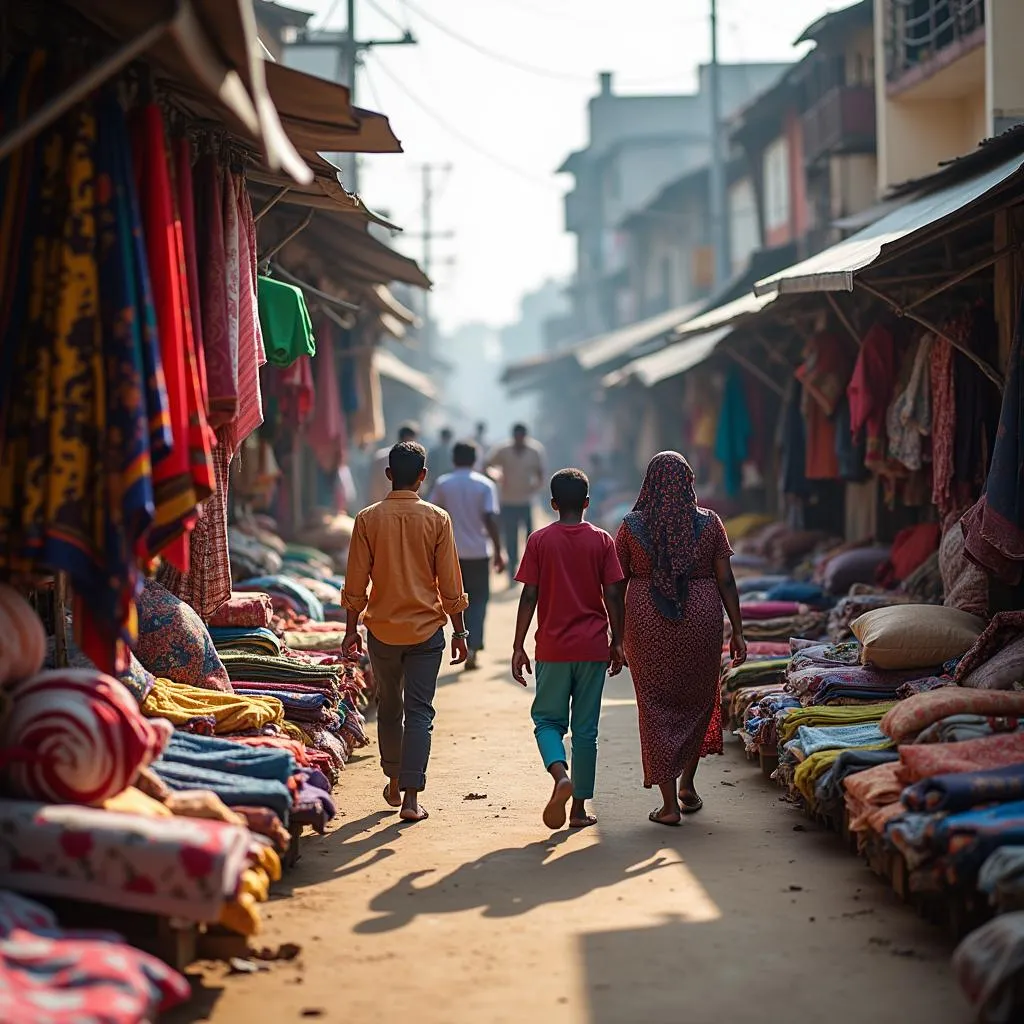 Madurai street market with colorful textiles