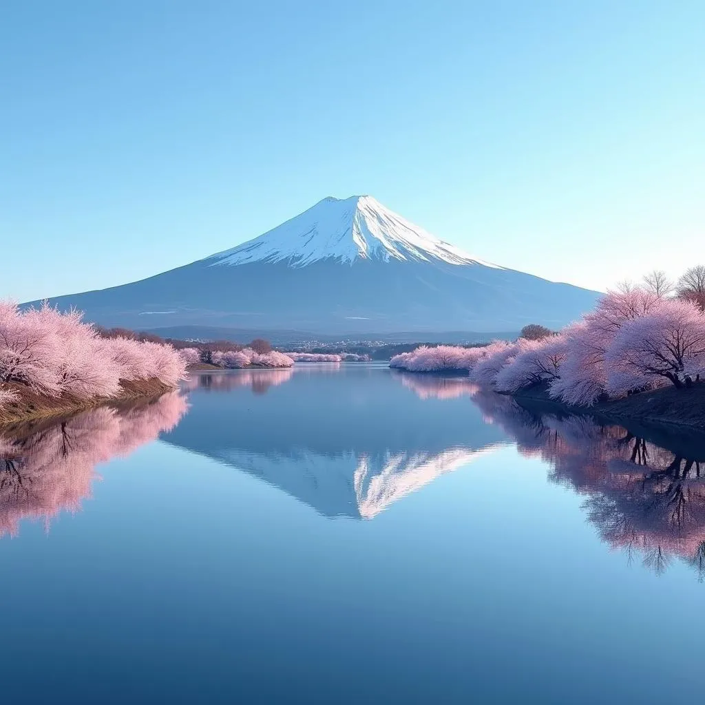  Mount Fuji, framed by cherry blossoms, is reflected in the tranquil waters of a lake.