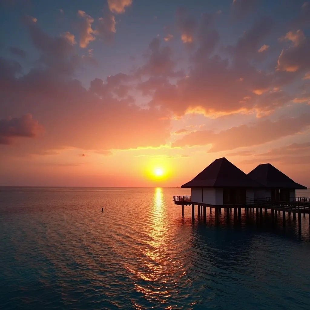 Sunset View of Overwater Bungalow in Maldives