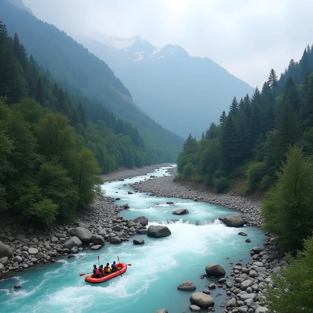 Tourists enjoying white-water rafting on the Beas River in Manali with lush greenery and snow-capped mountains in the background