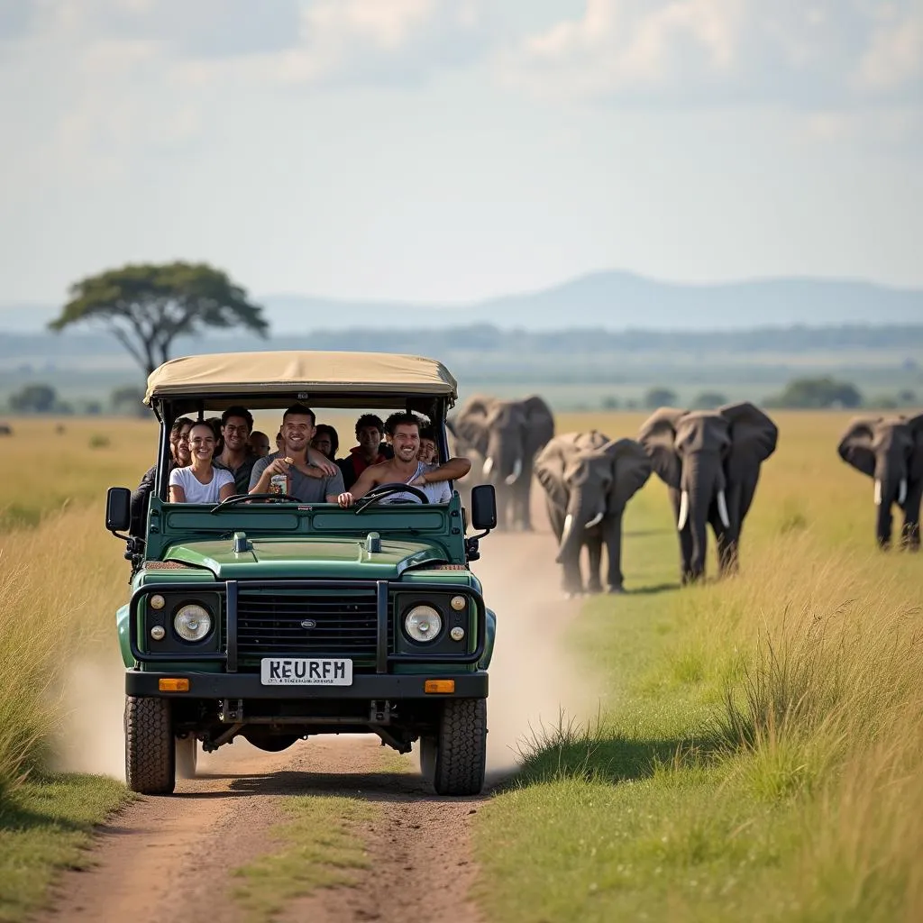 Safari jeep in Maasai Mara with Elephants in the background