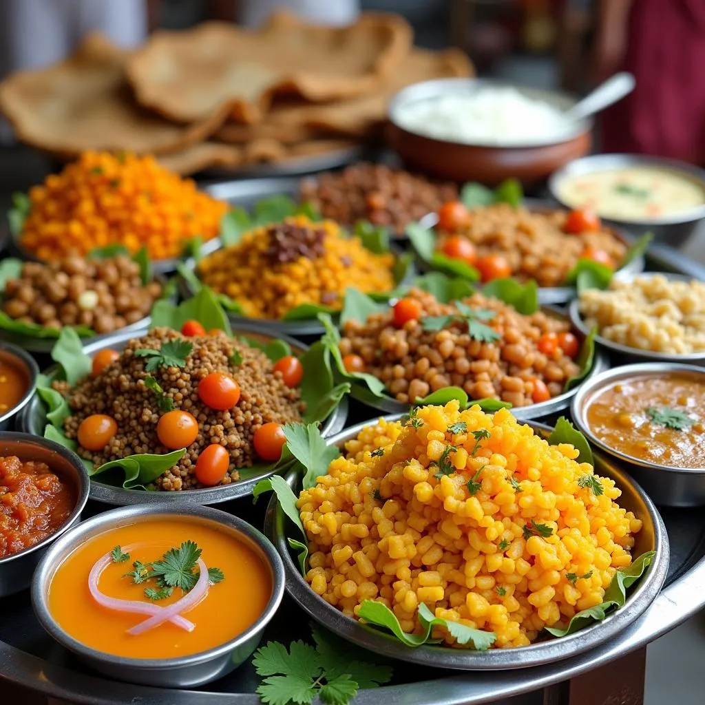 A vibrant street food stall in Mathura with a variety of vegetarian dishes