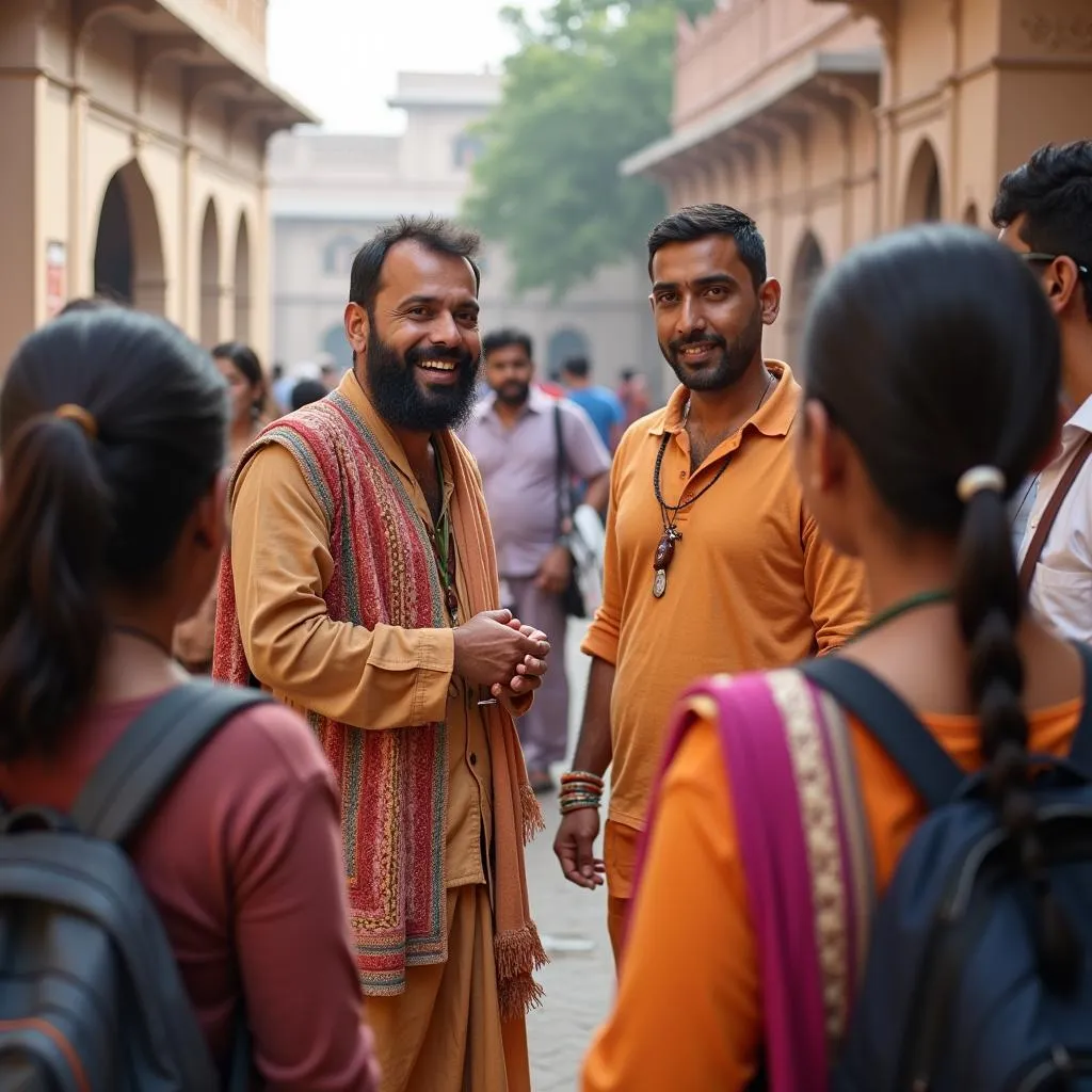 A tour guide explaining the significance of a temple to a group of tourists