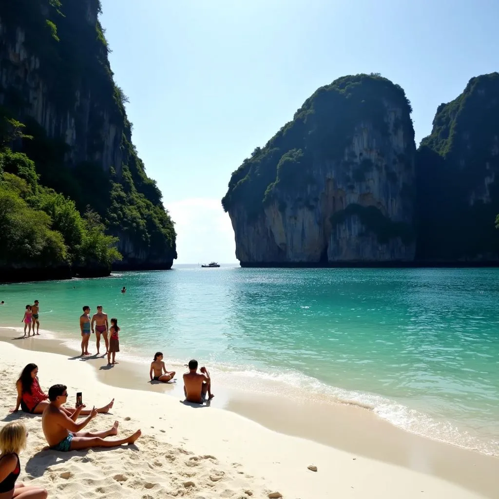 Tourists relax on the beach of Maya Bay in Phi Phi Leh island