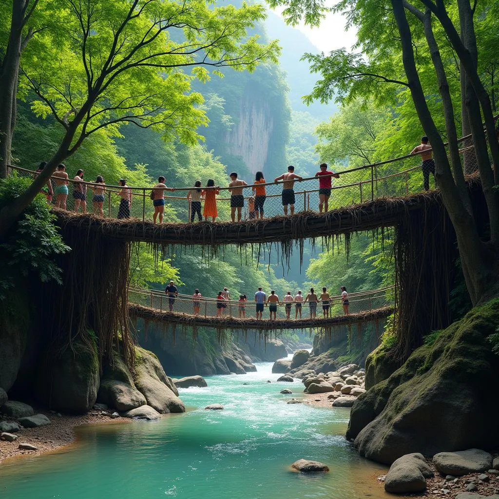 Tourists crossing a double-decker Living Root Bridge