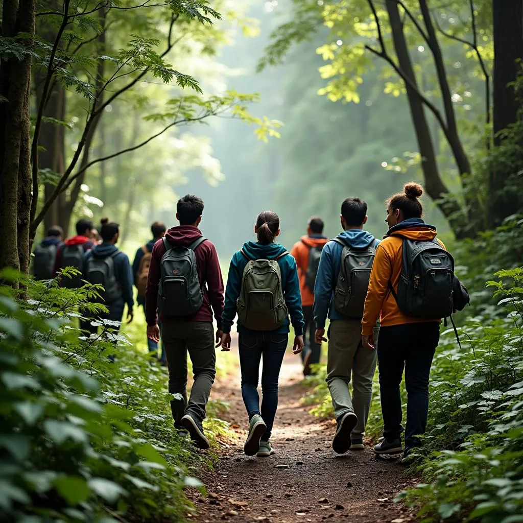 Tour operator guiding a group through a lush forest in Meghalaya