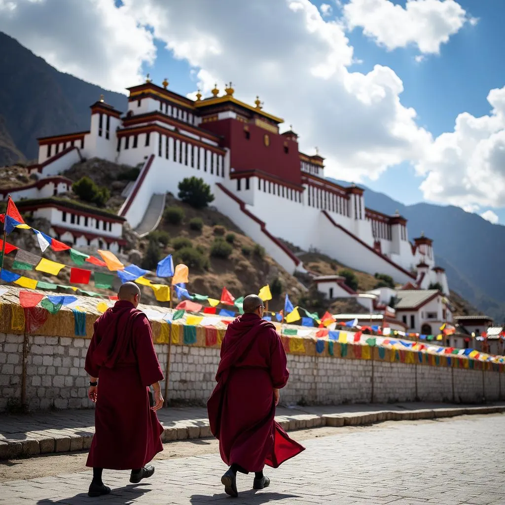 Monks walking past prayer flags at Thiksey Monastery