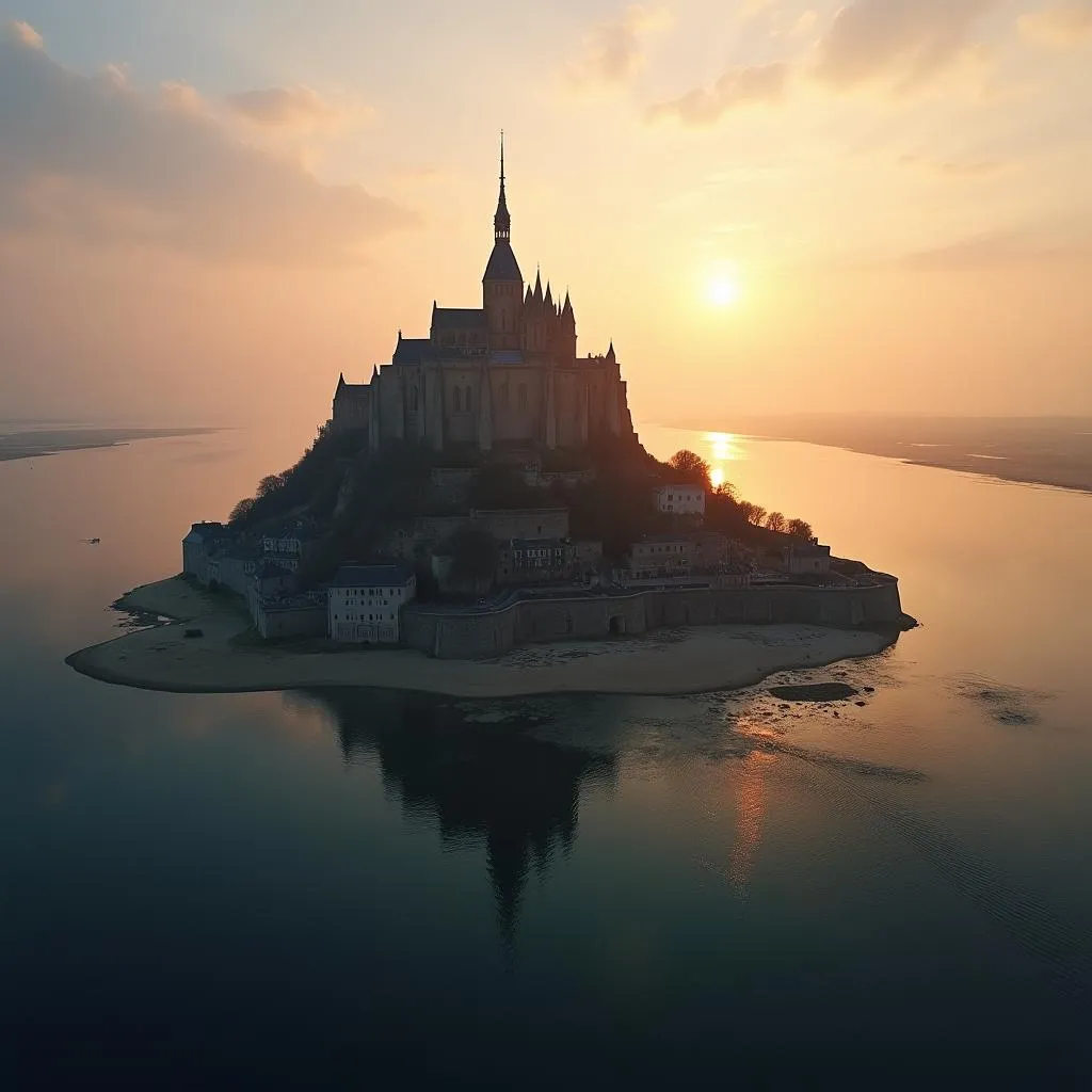 Aerial view of Mont Saint Michel island abbey at sunrise