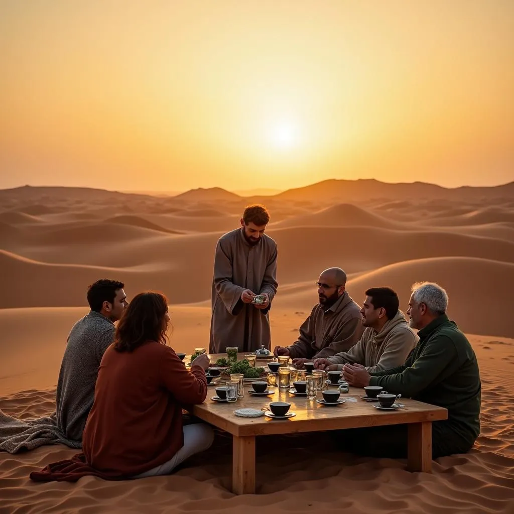 Tourists enjoying a traditional Moroccan tea ceremony in the Sahara Desert