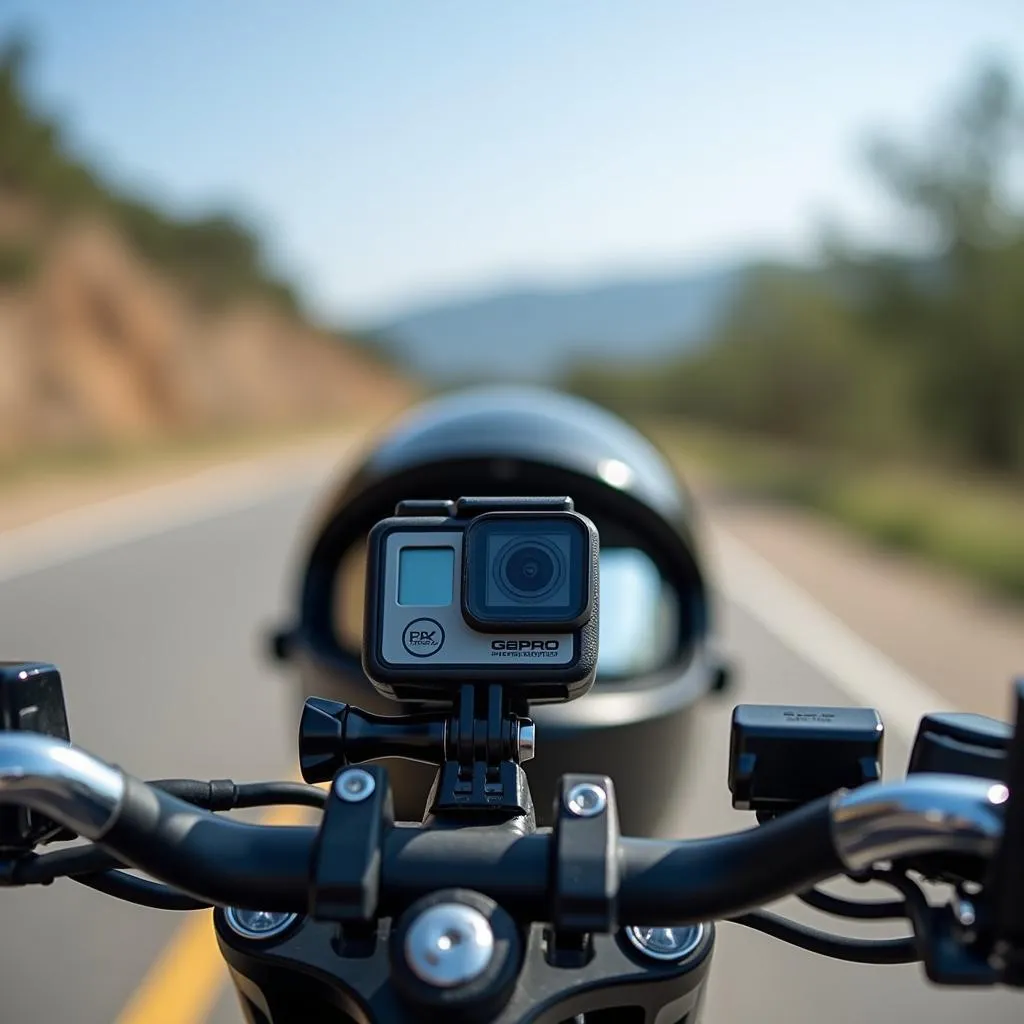 Motorcycle action camera mounted on a helmet