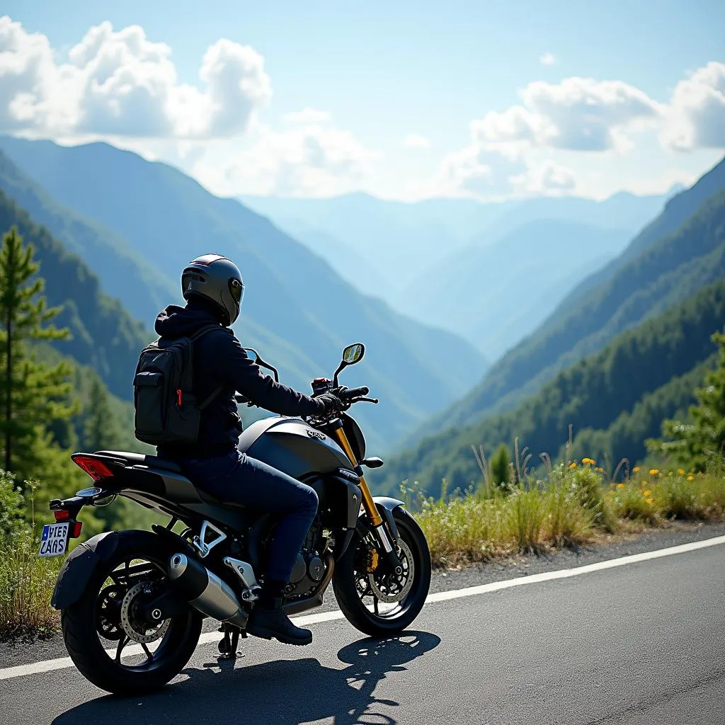 Motorcyclist taking a break on a mountain road to enjoy the scenic view in Japan