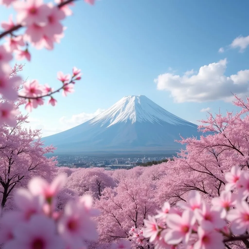 Iconic Mount Fuji with Cherry Blossoms