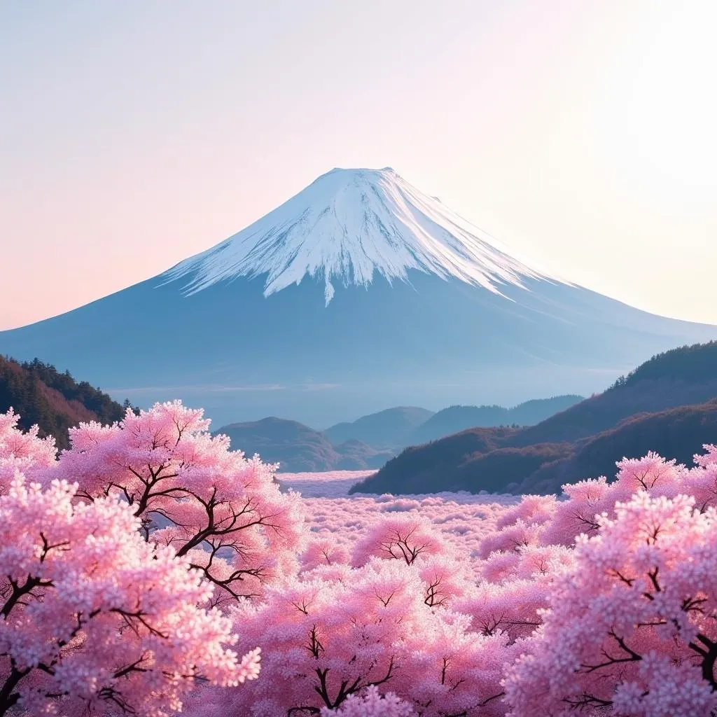 Mount Fuji with cherry blossoms in the foreground