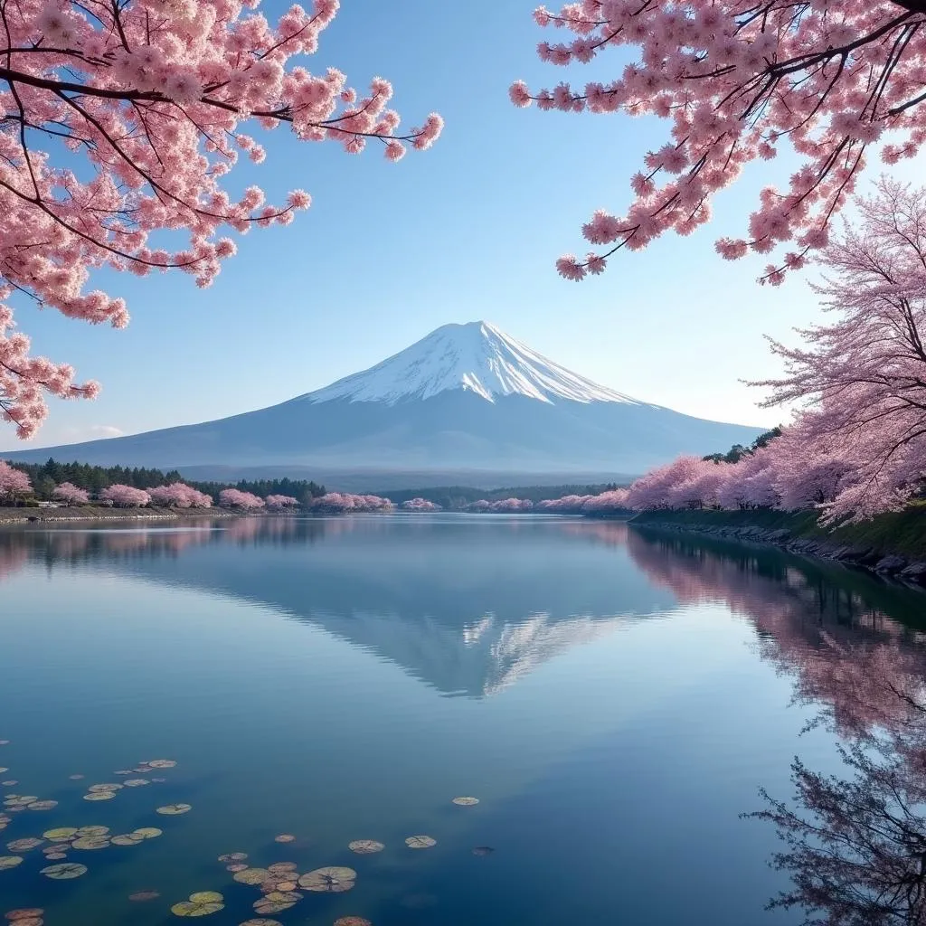 Mount Fuji with Cherry Blossoms and Lake