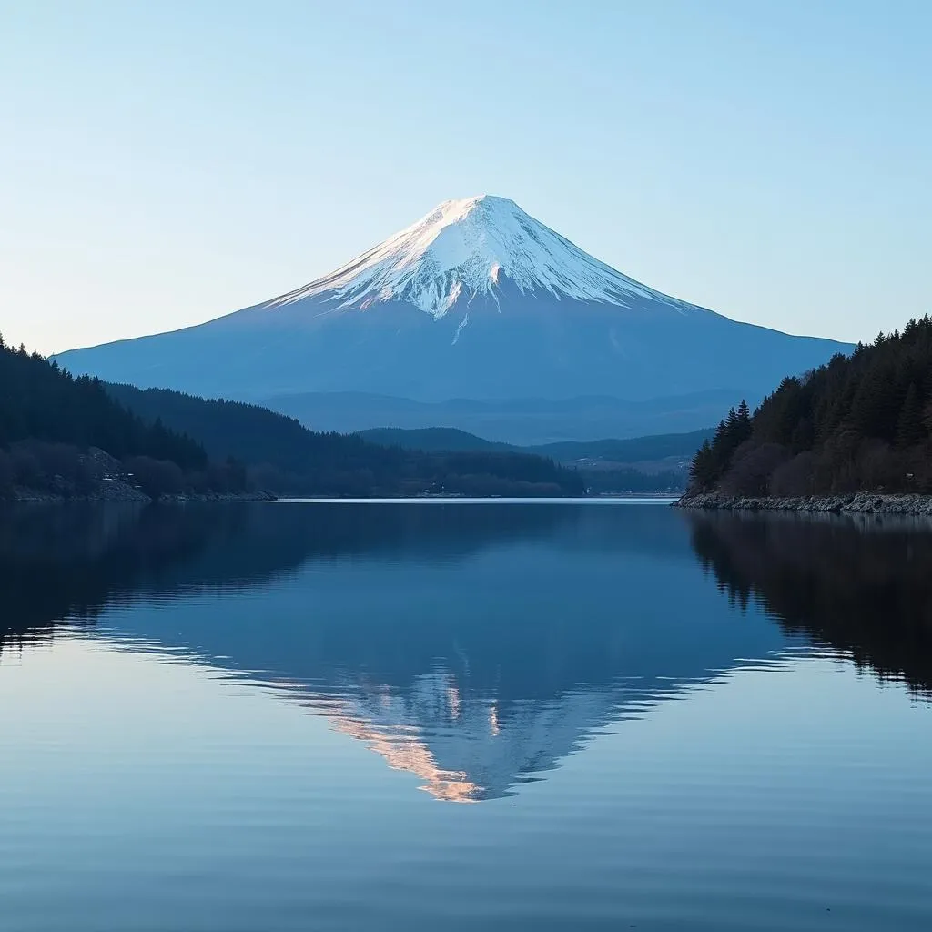 Mount Fuji reflecting in lake