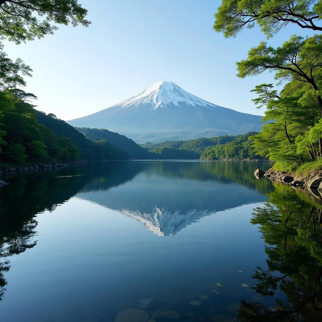 Majestic Mount Fuji reflected in the still waters of Lake Ashi, surrounded by lush greenery.