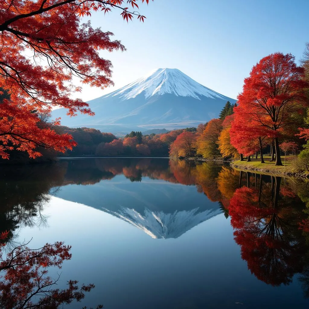 Mount Fuji Reflected in a Lake During Autumn 2023