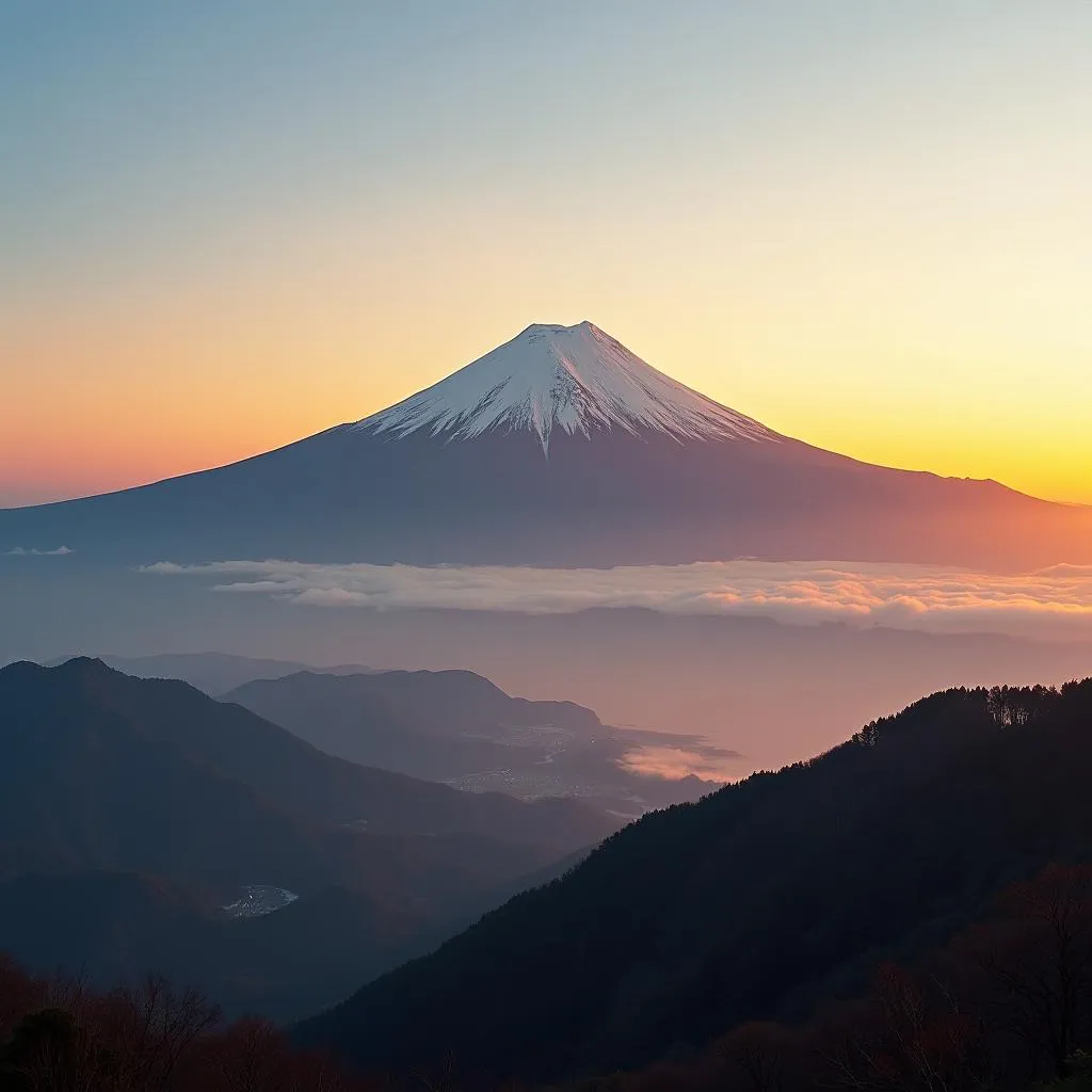 Mount Fuji at sunrise with a clear sky