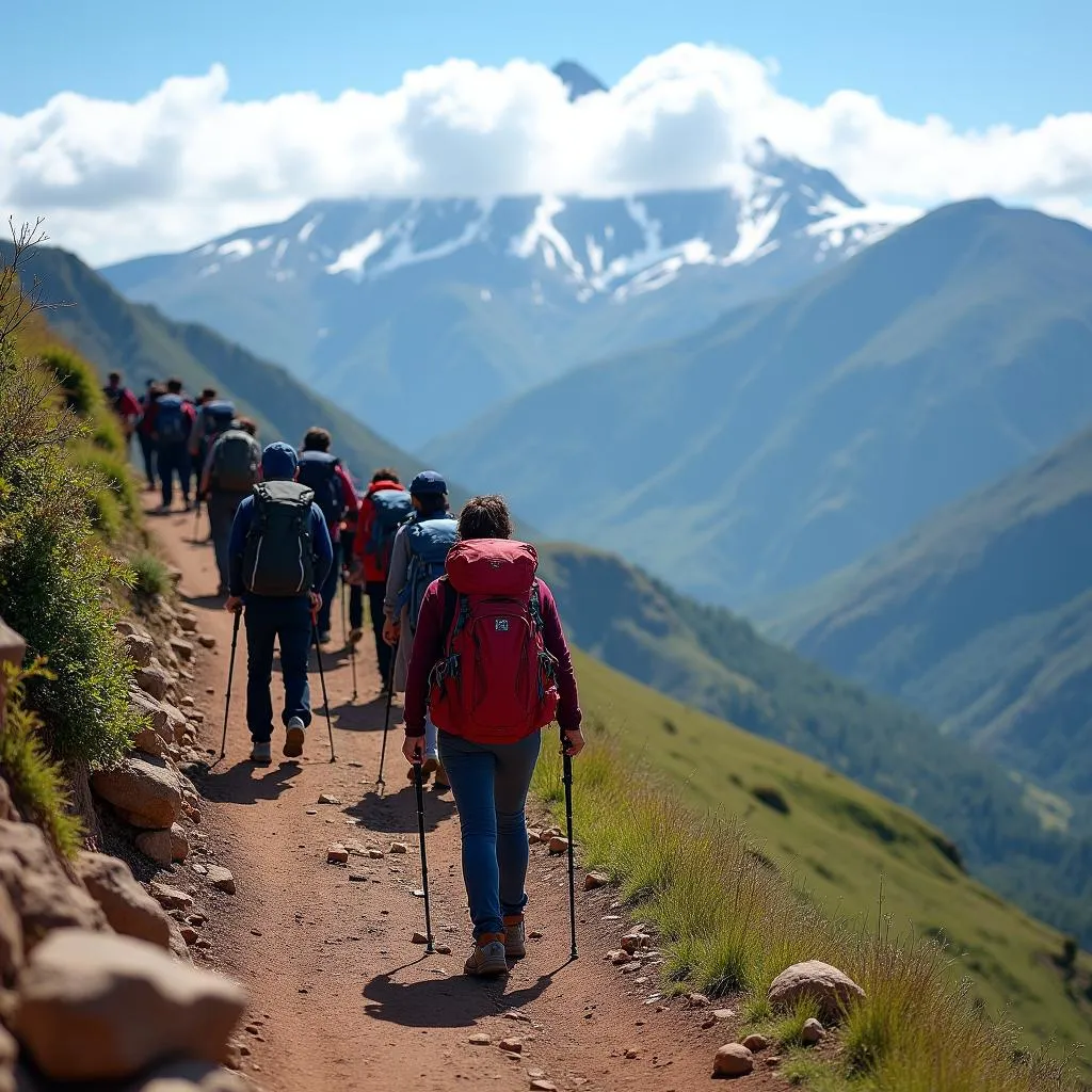 Tourists trekking on Mount Kenya with backpacks and hiking poles