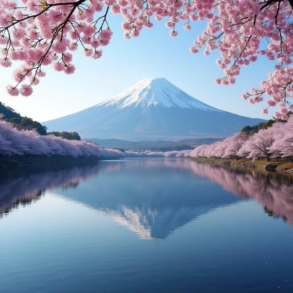 Iconic Mount Fuji reflected in a lake with cherry blossoms in the foreground