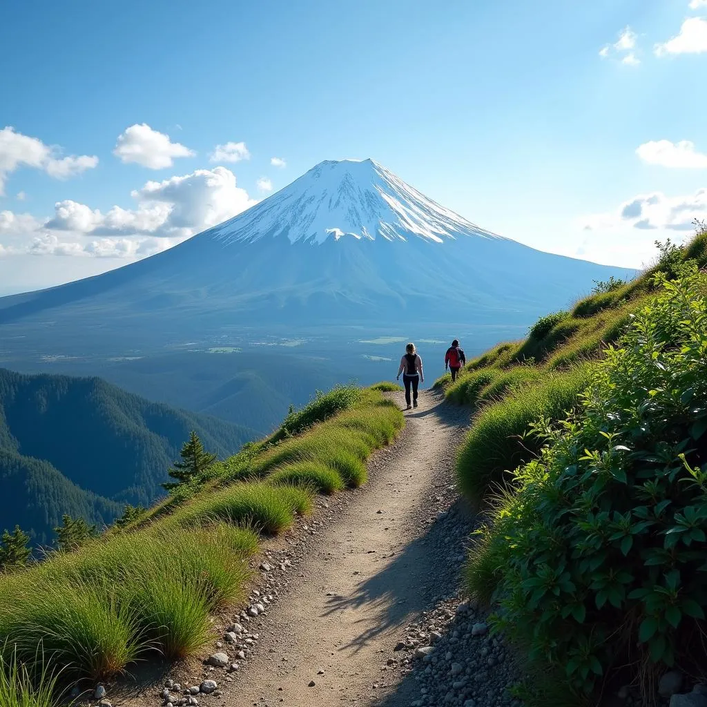 Scenic hiking trail with Mount Fuji in the background