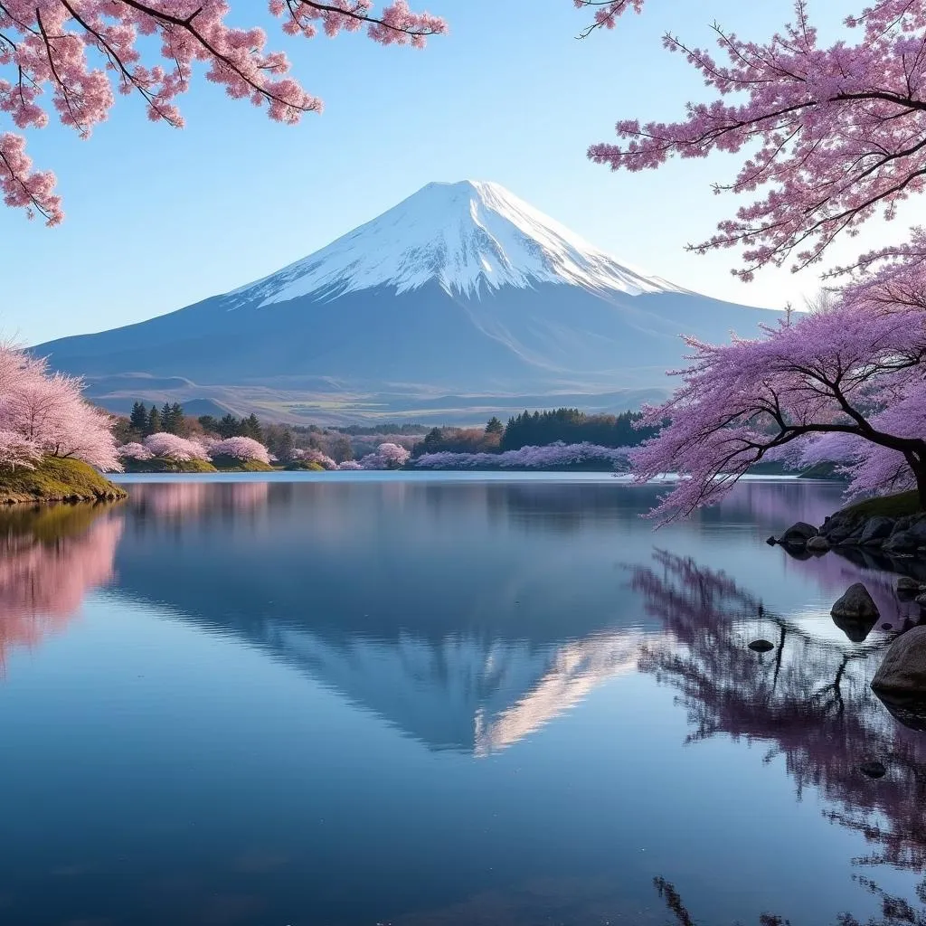 Iconic Mount Fuji reflected perfectly in the still waters of Lake Kawaguchi, framed by cherry blossoms in full bloom.