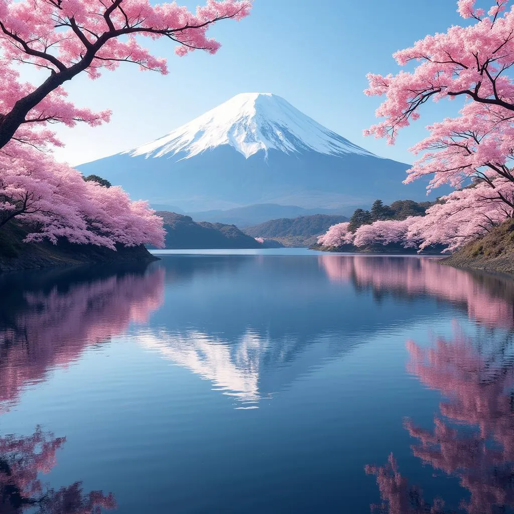 Mount Fuji reflected in Lake Kawaguchiko with cherry blossoms