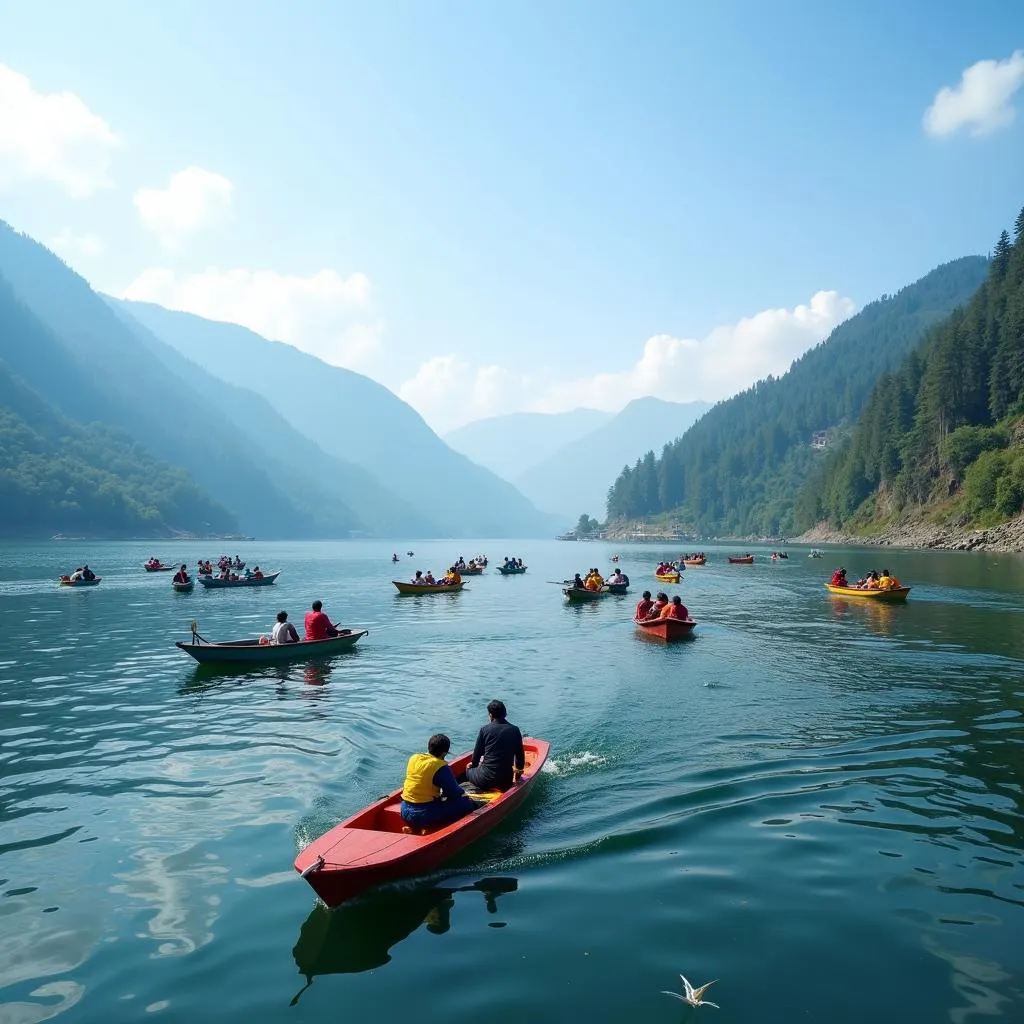 Tourists enjoying a serene boat ride on Naini Lake, Nainital