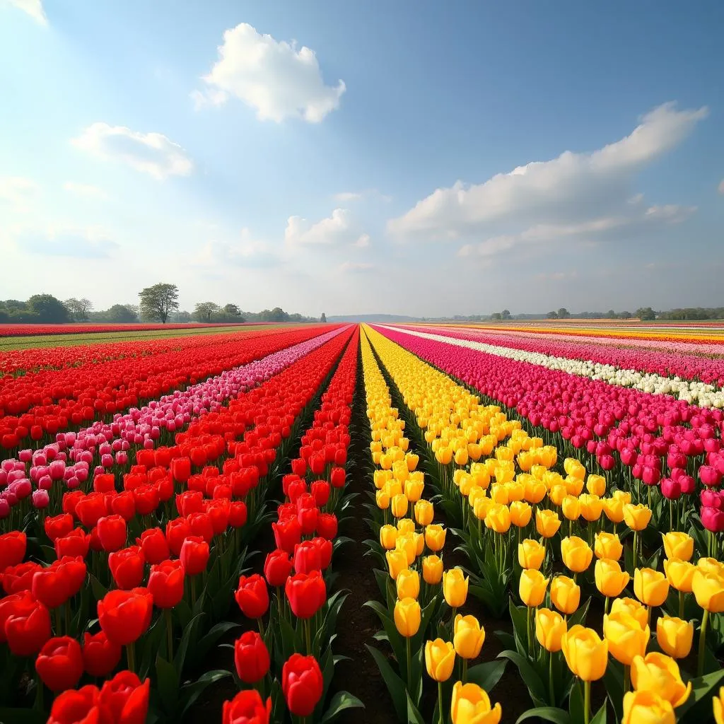 Vast tulip fields stretching towards the horizon