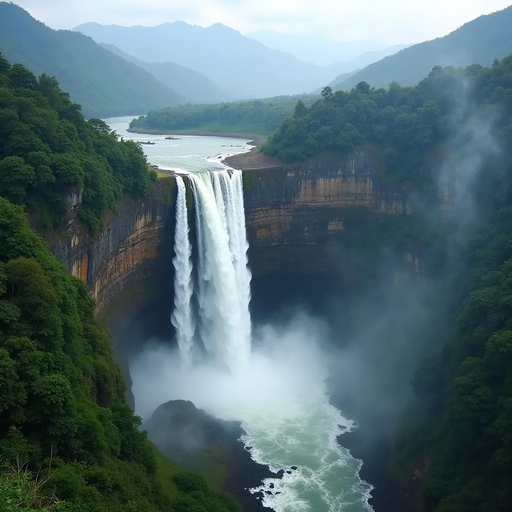 Magnificent Nohkalikai Falls amidst misty mountains