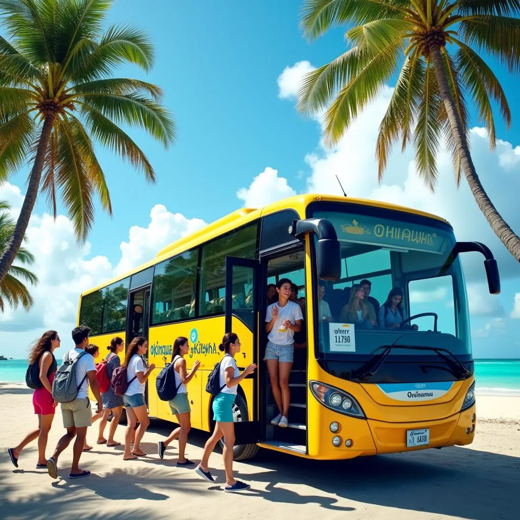 Group of tourists boarding a tour bus in Okinawa