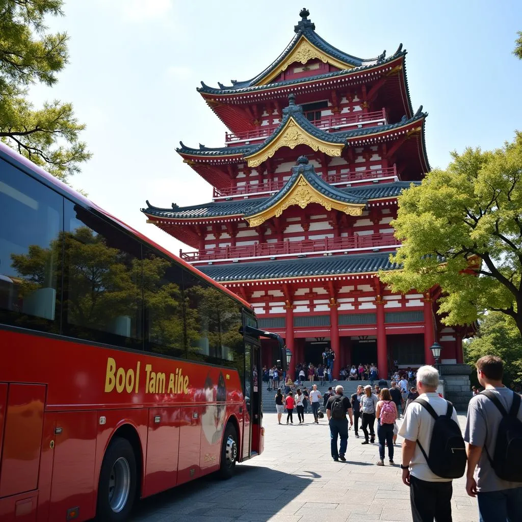 Tourists admiring the Shurijo Castle from a tour bus