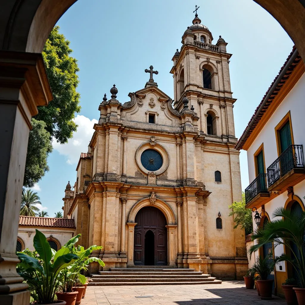 Magnificent churches of Old Goa against a bright blue sky