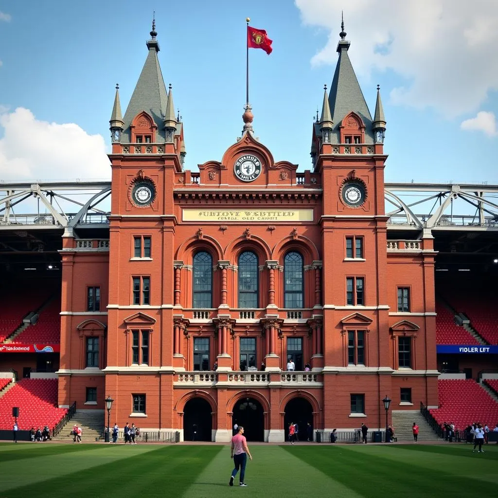 A panoramic view of the iconic Old Trafford Stadium in Manchester, England