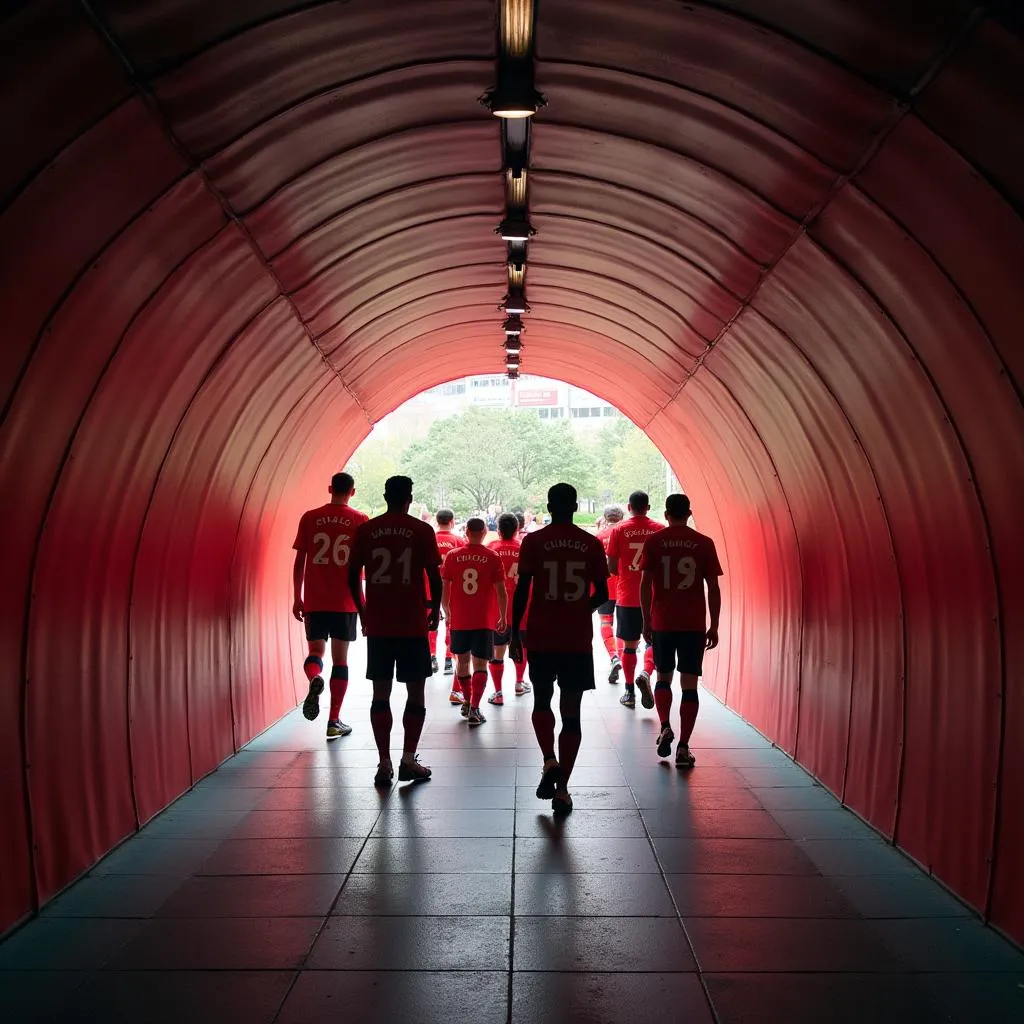 Players walking through the tunnel at Old Trafford, ready to take the field