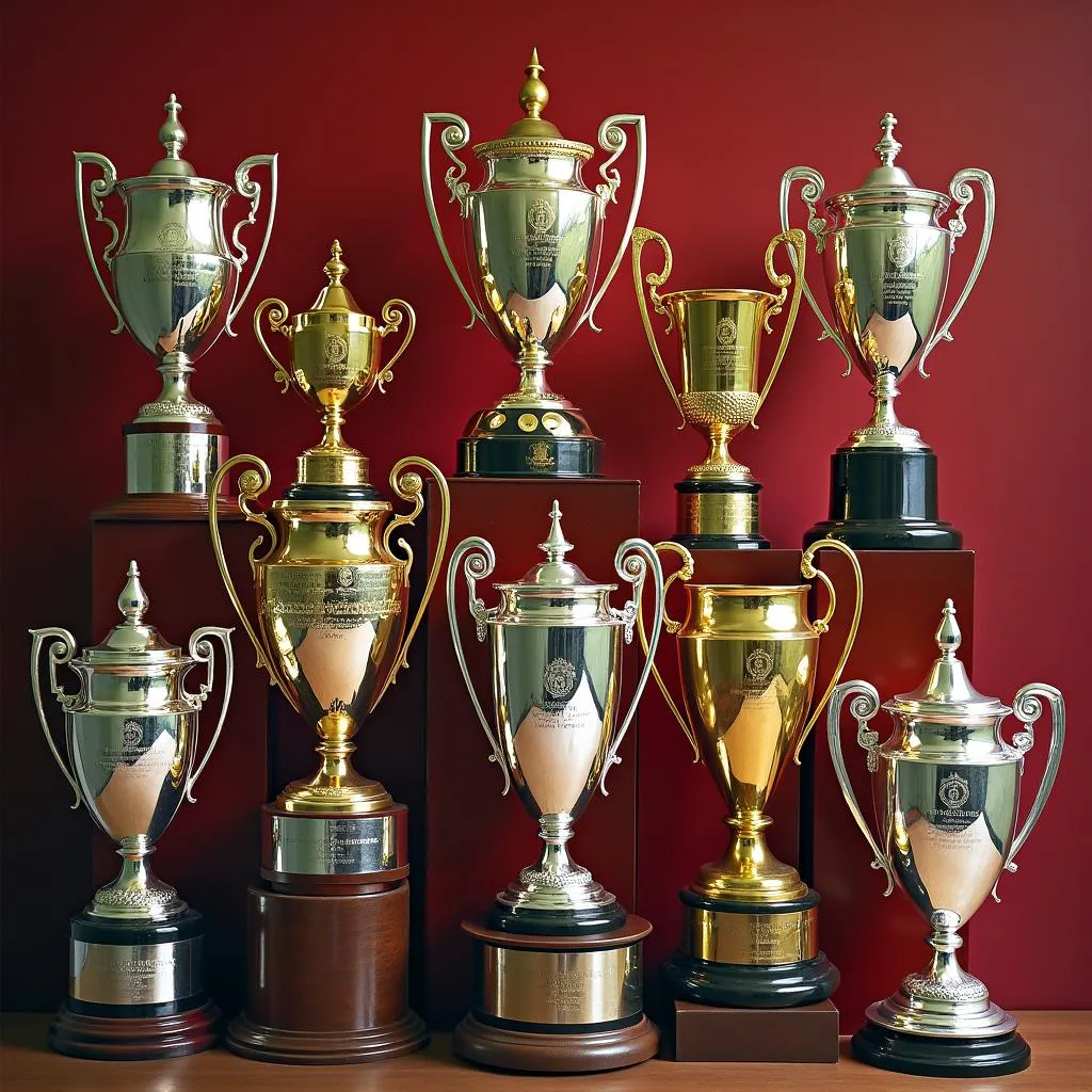 The glittering trophies displayed in the Old Trafford Trophy Room