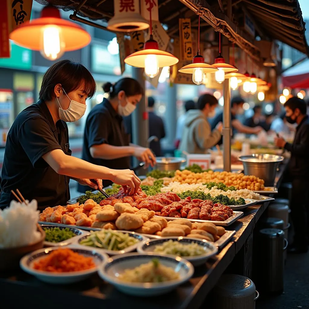 A bustling street food stall at Kuromon Market in Osaka, Japan, with a variety of fresh seafood and local delicacies on display.