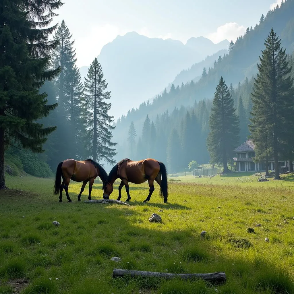 Horses grazing in a lush meadow in Pahalgam